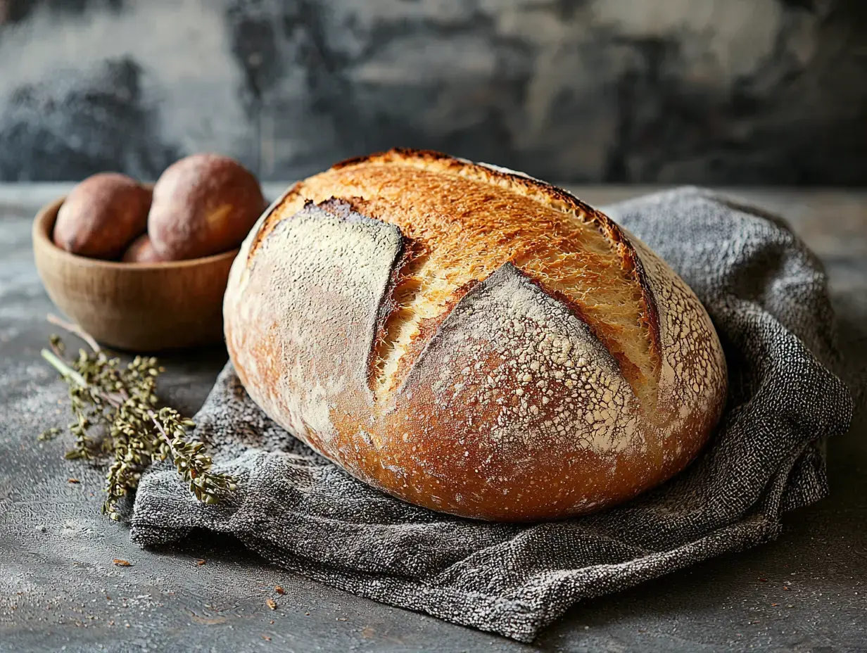 A freshly baked loaf of bread resting on a textured cloth, accompanied by a bowl of potatoes and sprigs of dried herbs.