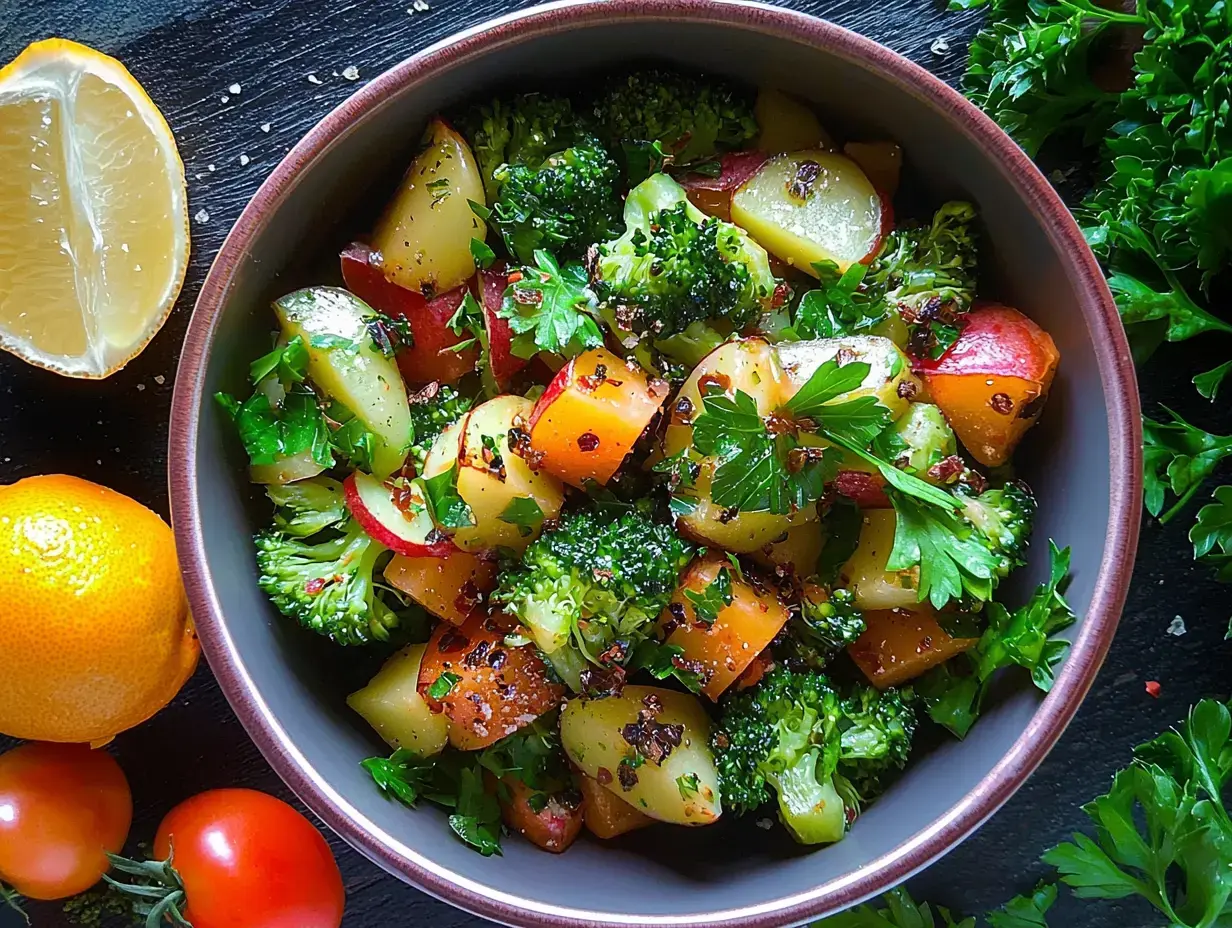 A vibrant salad featuring diced potatoes, broccoli, and red apples, garnished with fresh parsley and lemon, surrounded by additional citrus fruits and tomatoes.