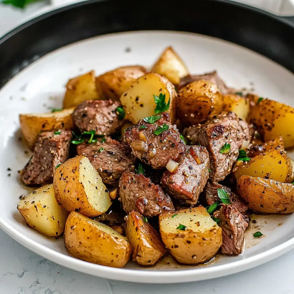 A plate with crispy potatoes and seared steak chunks sprinkled with fresh herbs.