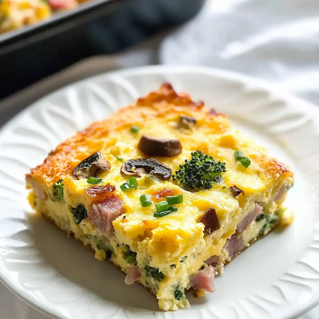 A hearty baked casserole slice stacked with mushrooms, broccoli, and green onions on a white plate.