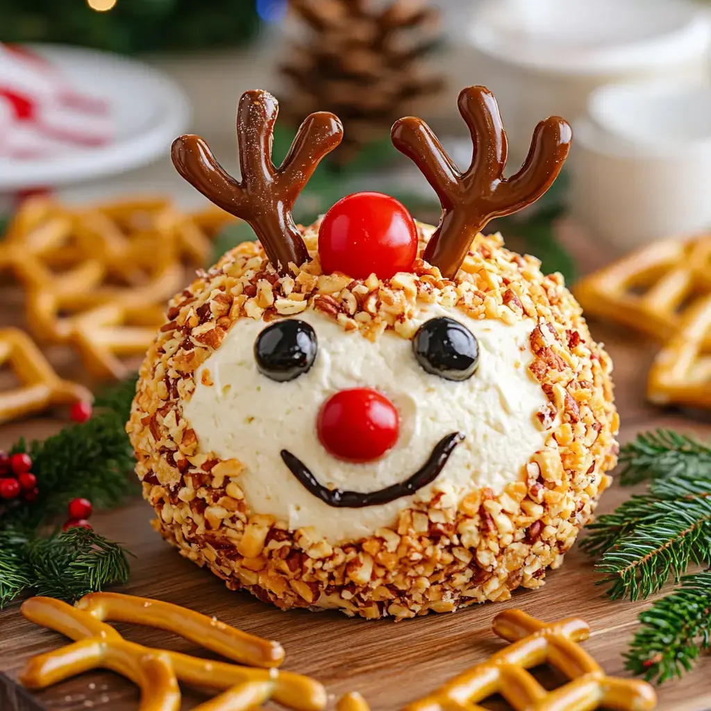 A playful reindeer-shaped cheese ball with tomato nose, black olive eyes, and pretzel antlers, surrounded by snacks for the holidays.