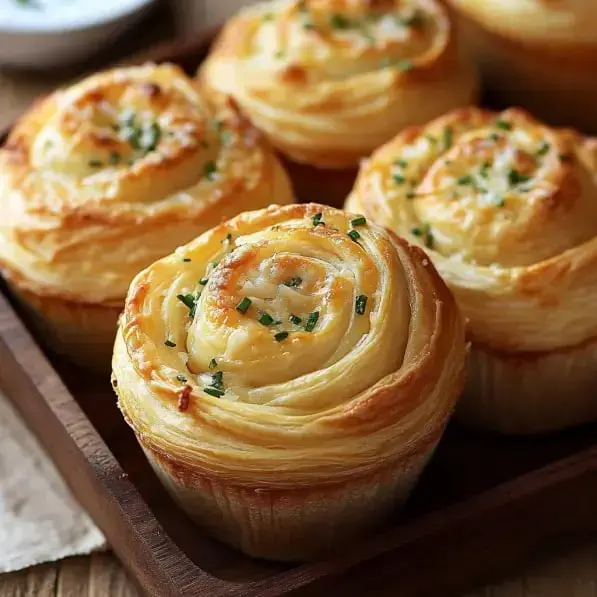 Golden layered pastries with herbs on a wooden platter.
