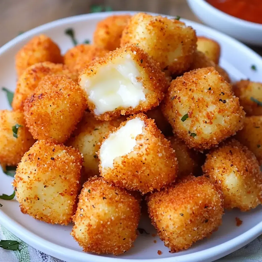 Golden, breaded cheese snacks on a plate, with one cut open displaying gooey melted insides.