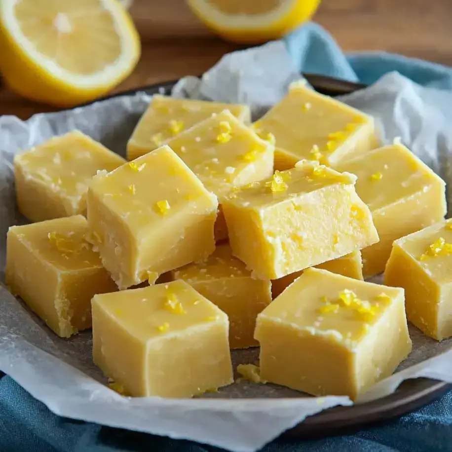 Squares of lemon-flavored candy on a plate, garnished with zest, next to fresh-cut lemons on a table.