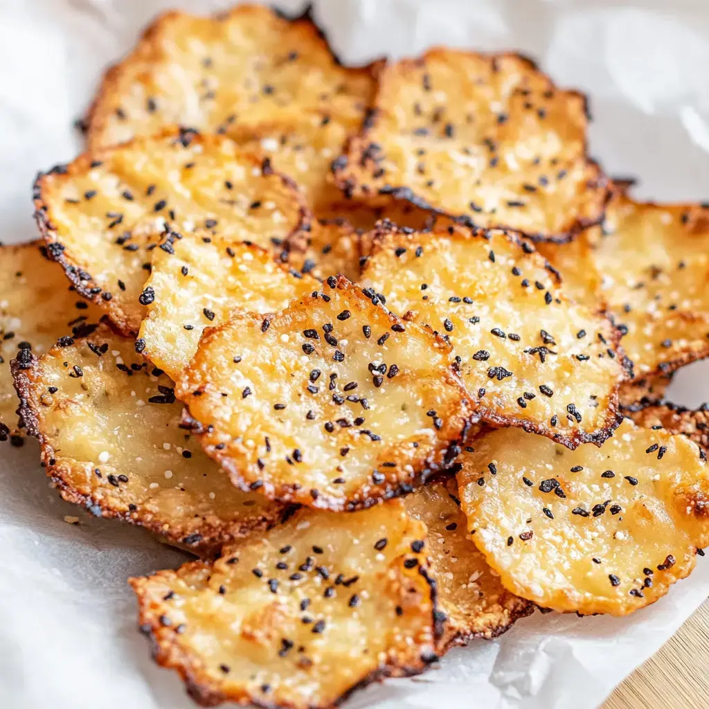 Golden crunchy cottage cheese chips with sesame seeds on white paper.