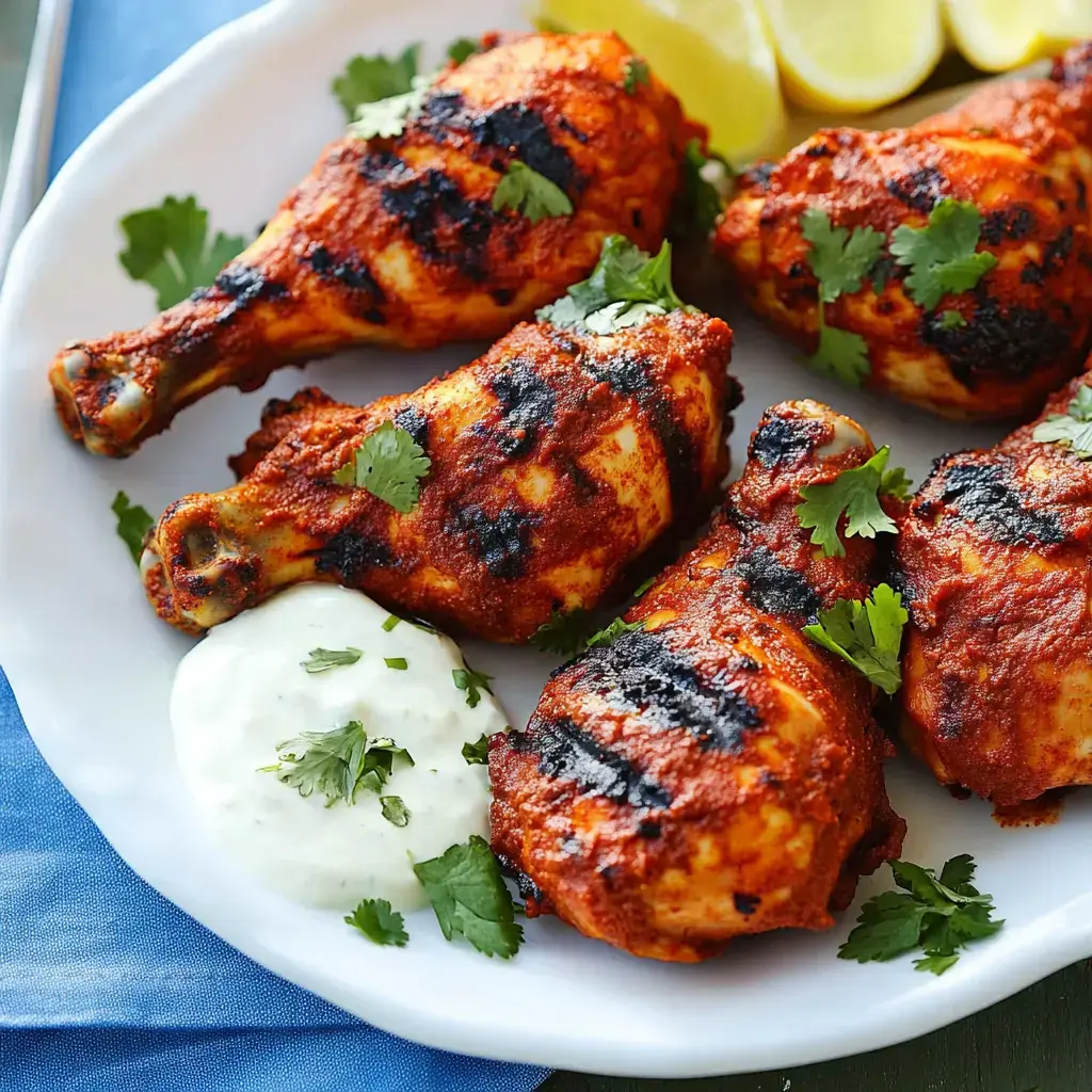 Grilled chicken legs covered in a red spice mix, served with fresh herbs, lemon wedges, and creamy sauce.