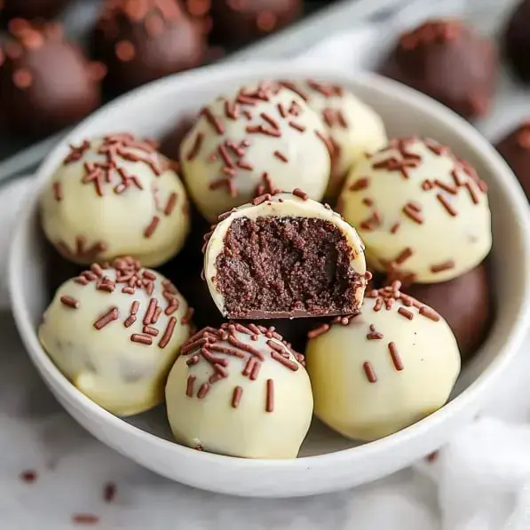 A bowl filled with chocolate-dipped balls, one with a bite revealing fudgy insides and topped with sprinkles.