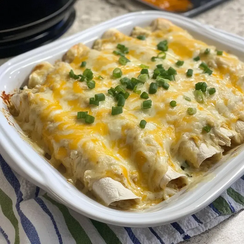 Golden baked chicken enchiladas covered in melted cheese and garnished with green onions, served in a casserole dish.