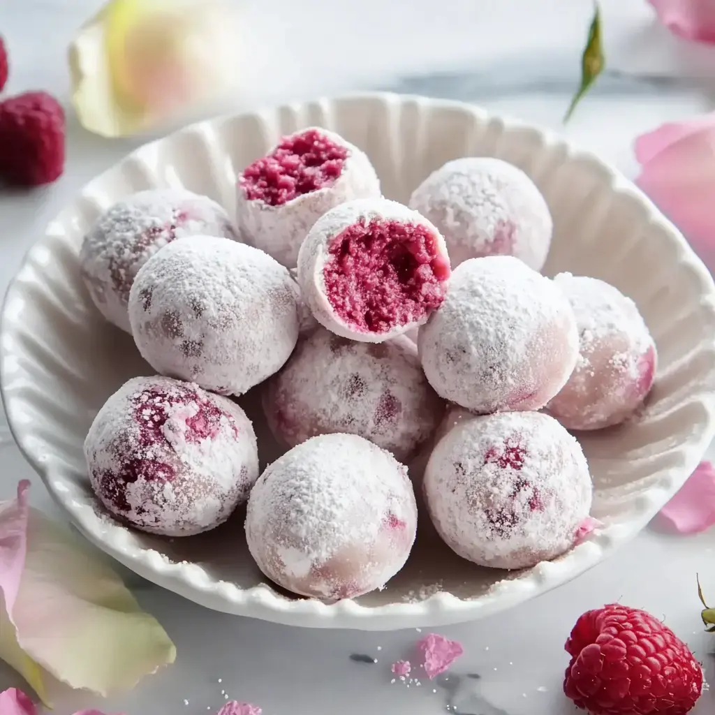 Round pink sweets covered in sugar powder, with one bitten into, surrounded by raspberries and flower petals.