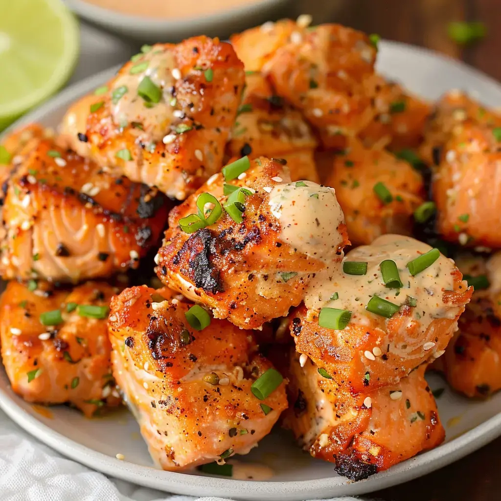 A plate of crispy salmon cubes topped with green onions and creamy tangy sauce.