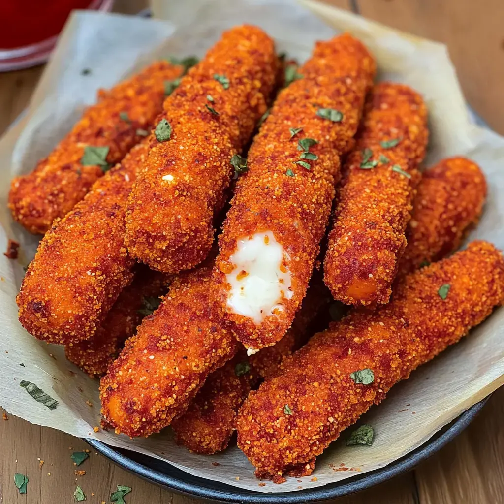 Crunchy orange cheese sticks, one bitten to show gooey cheese inside, topped with herbs.