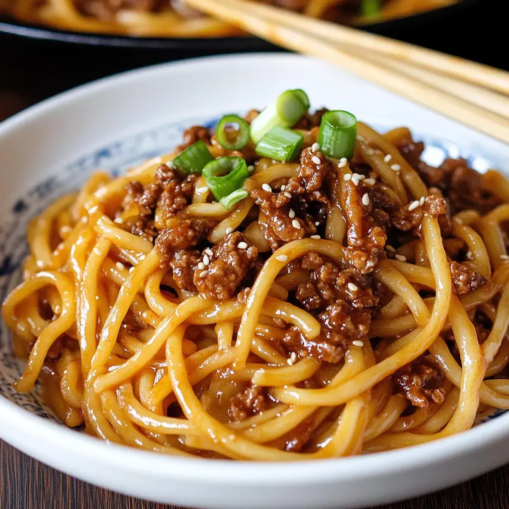 A bowl of noodles topped with ground beef, green onions, and sesame seeds.