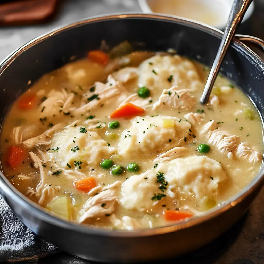 A bowl filled with creamy soup, loaded with fluffy dumplings, tender chicken, and fresh veggies. The perfect comfort food!