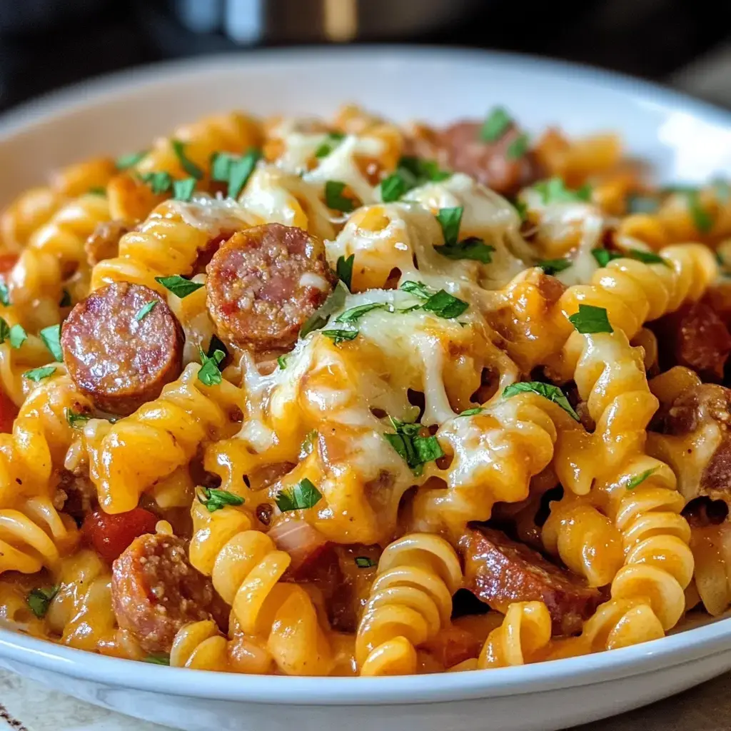 Close-up of pasta with melty cheese, sausage slices, and sprinkled parsley.
