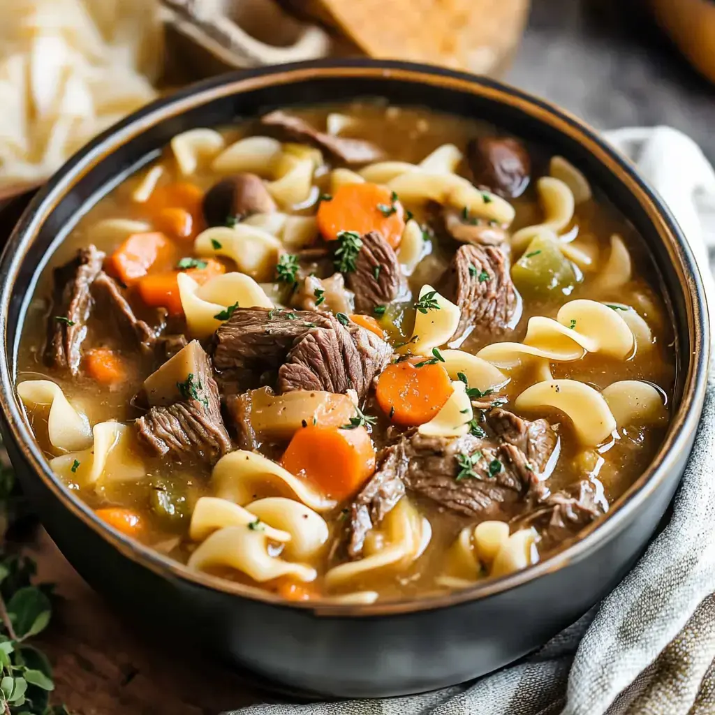 A rustic bowl of savory beef noodle soup with tender beef chunks, curly noodles, fresh carrots, and green herbs.