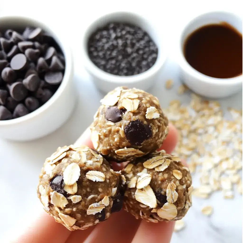 Three oatmeal chocolate chip energy balls in a person's hand, surrounded by bowls of seeds, chocolate, and liquid ingredients.