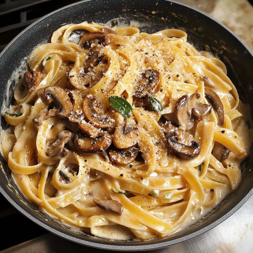 A skillet filled with creamy pasta, mushrooms, and grated cheese.