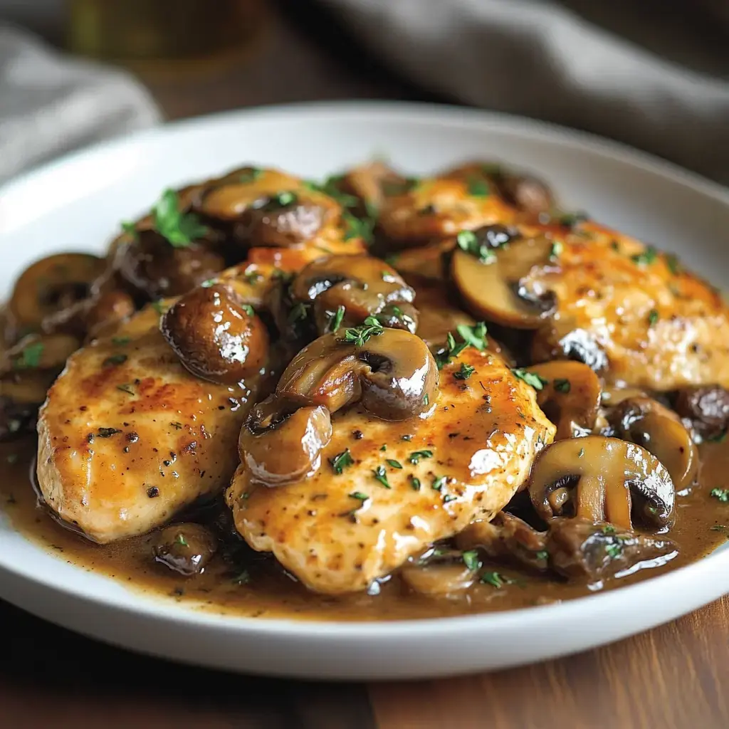 Two juicy chicken breasts with mushrooms and fresh herbs on a white plate.