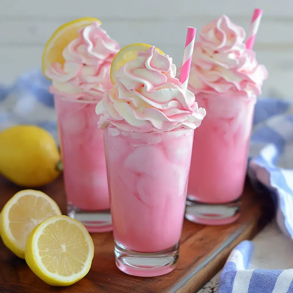 Three tall glasses of pink, creamy drinks topped with whipped cream and lemon slices, surrounded by lemon slices on a wooden surface.