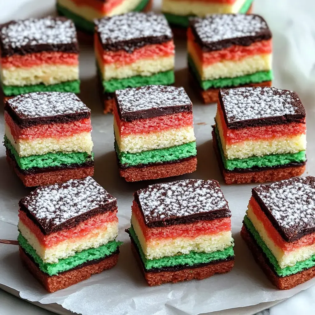 Close-up of colorful layered cookies with red, yellow, and green sponge, topped with chocolate and powdered sugar.