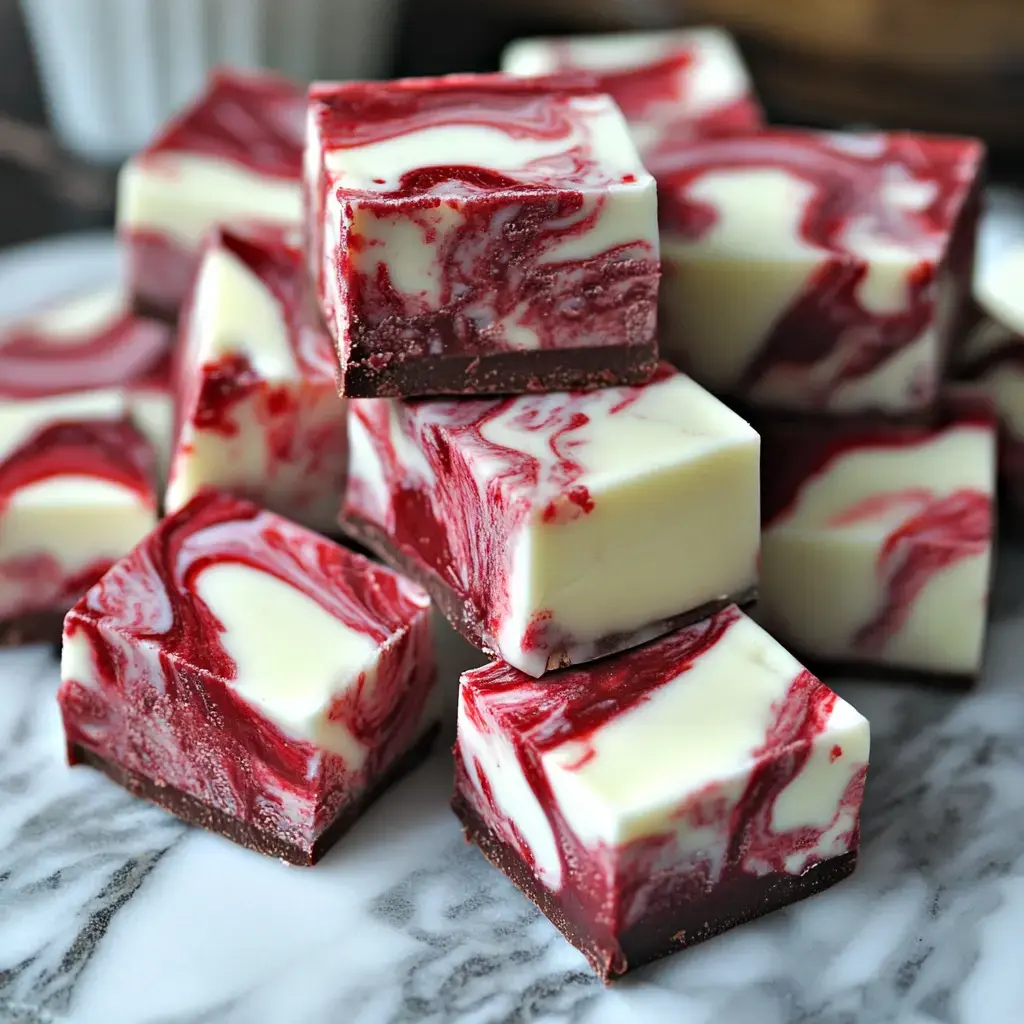 Rich swirls of red and white chocolate fudge stacked on a marble surface.