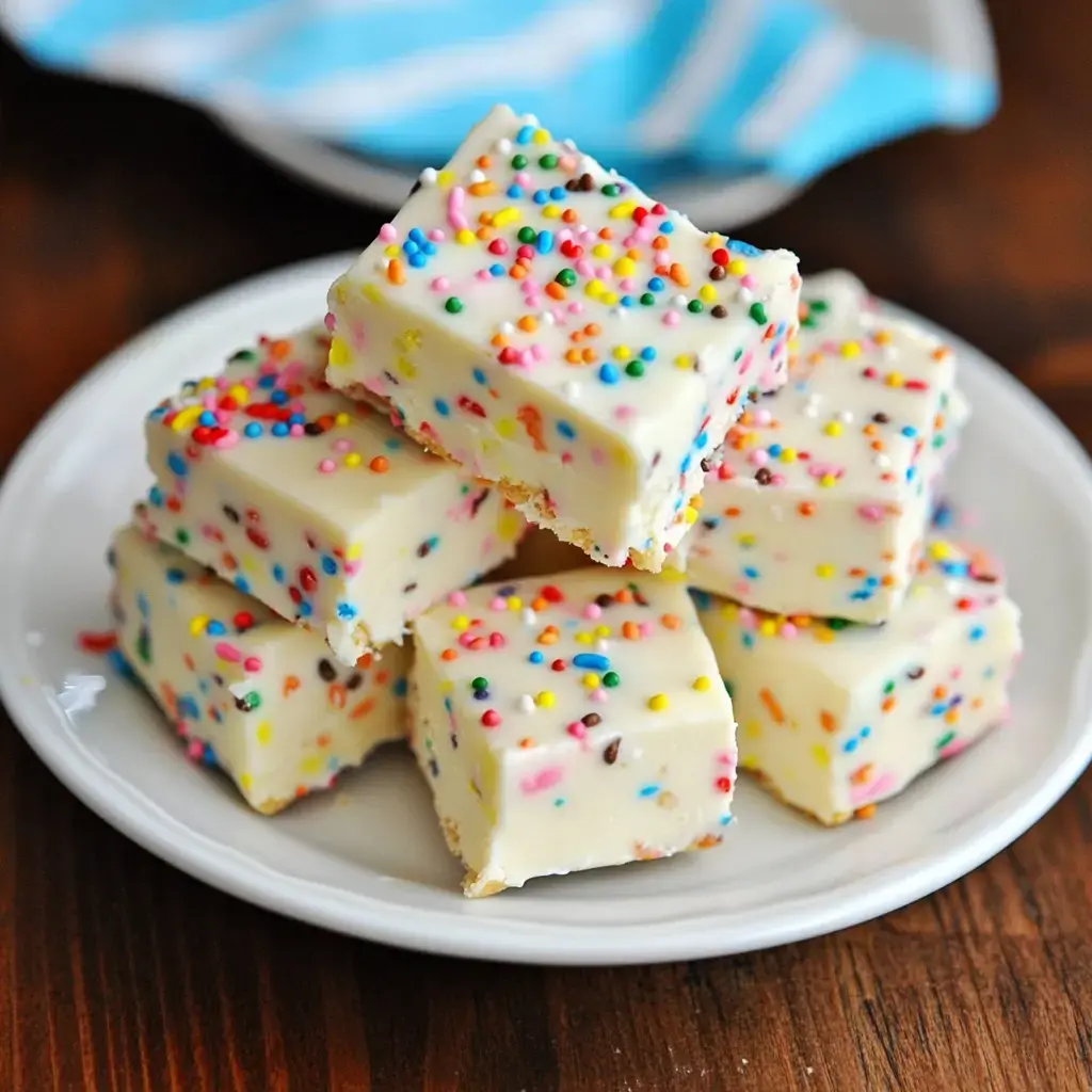 Brightly colored squares of white fudge covered in rainbow sprinkles, stacked together on a dish.