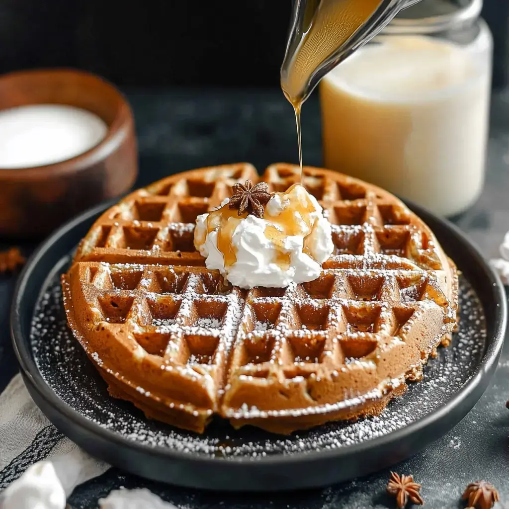 Golden waffles with whipped cream and syrup on a plate, accompanied by a milk jar and wooden bowl in the background.