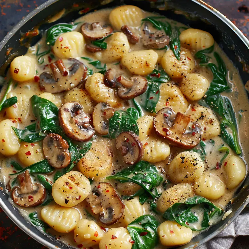 A skillet full of creamy gnocchi tossed with mushrooms and spinach, topped with red pepper flakes and black pepper.