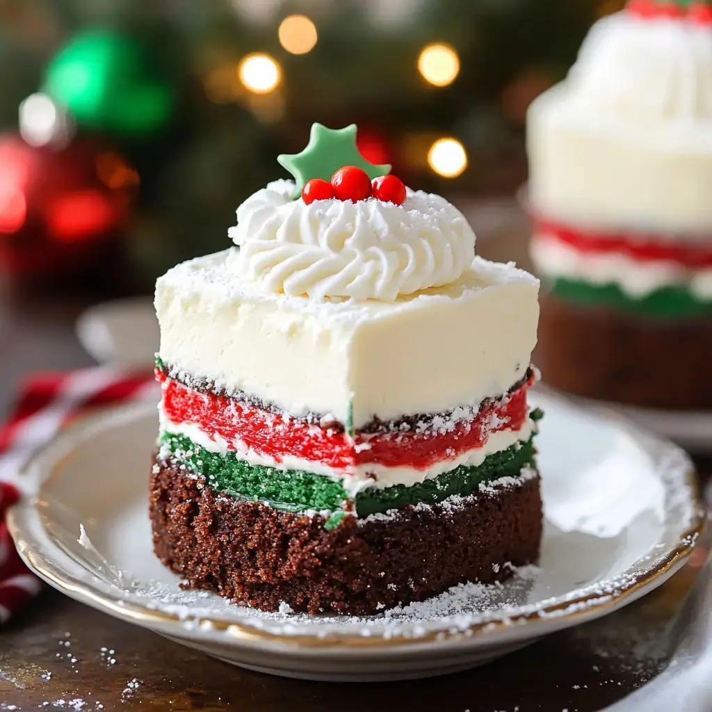 Festive dessert with layers in red and green, whipped cream on top, and holiday details, plated beautifully.