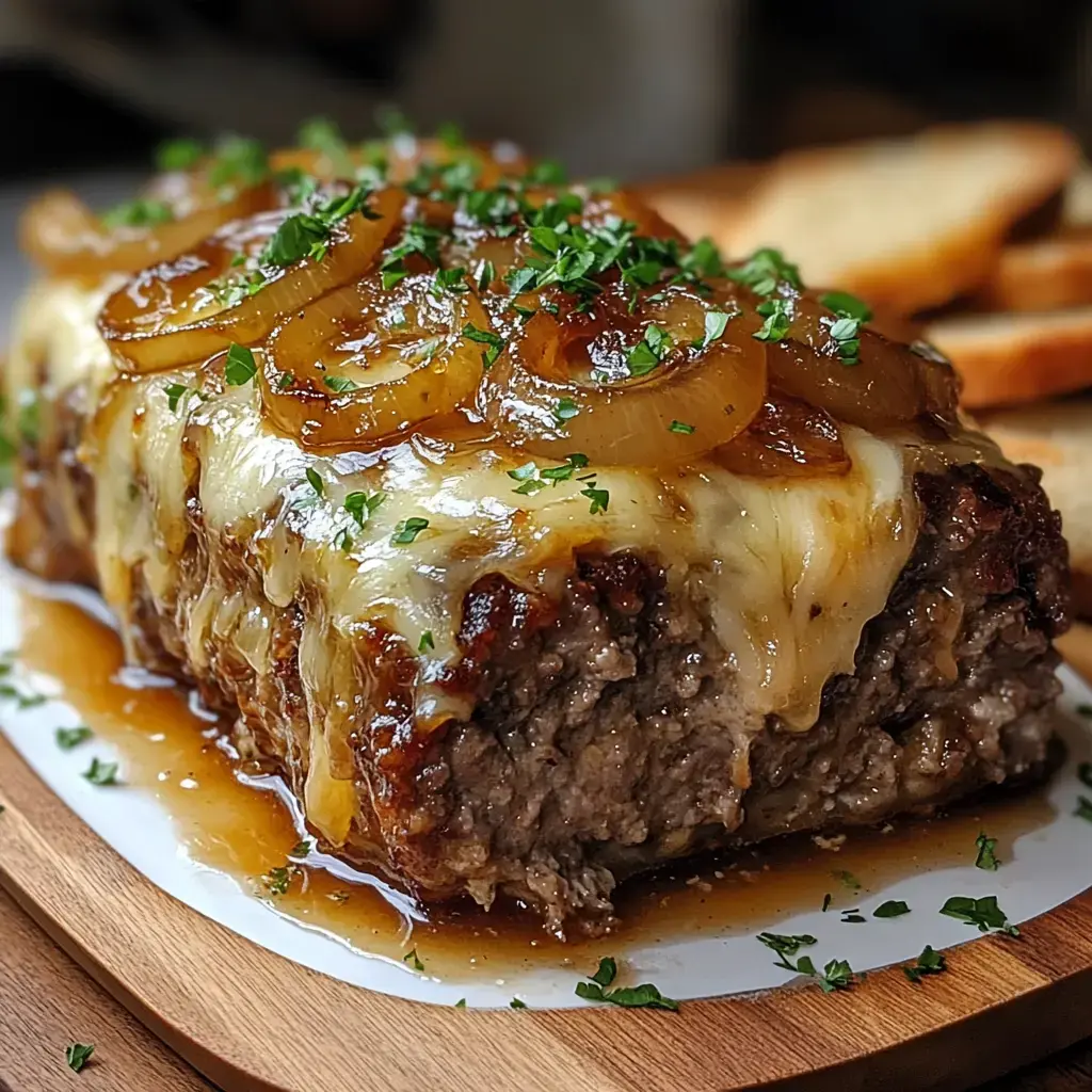 Sliced meatloaf covered in cheese and onions, sprinkled with parsley, sitting on a wooden board with bread nearby.