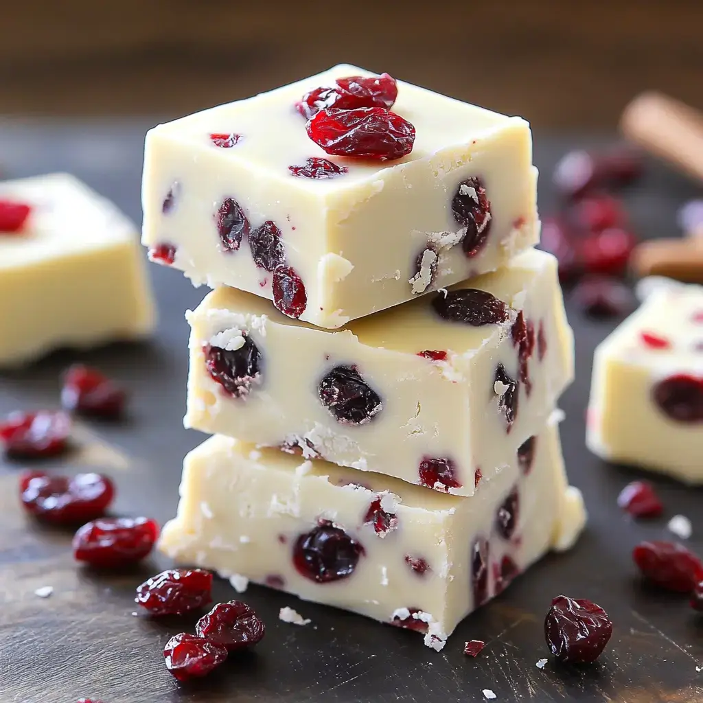 Squares of white fudge with cranberries scattered around on a dark surface.