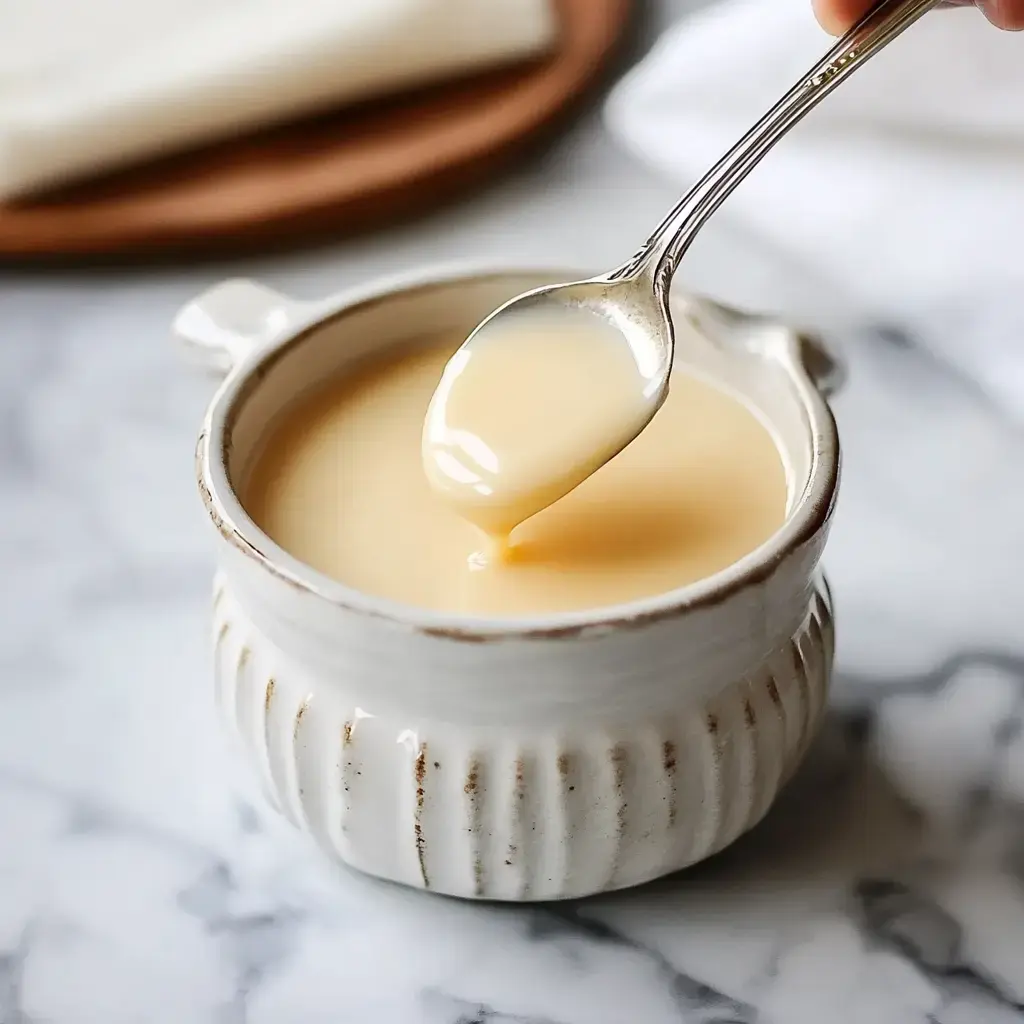 A textured dish holding smooth, creamy light sauce being scooped with a spoon, placed on marble.