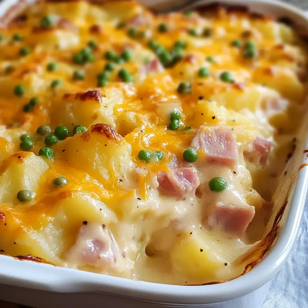 Close-up of a creamy casserole with potatoes, cheese, bacon, and herbs.