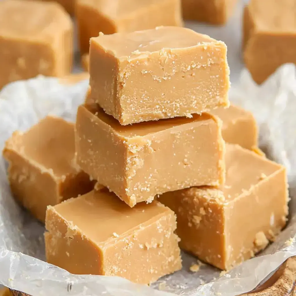 Close shot of nut-filled caramel squares stacked neatly on a textured surface.