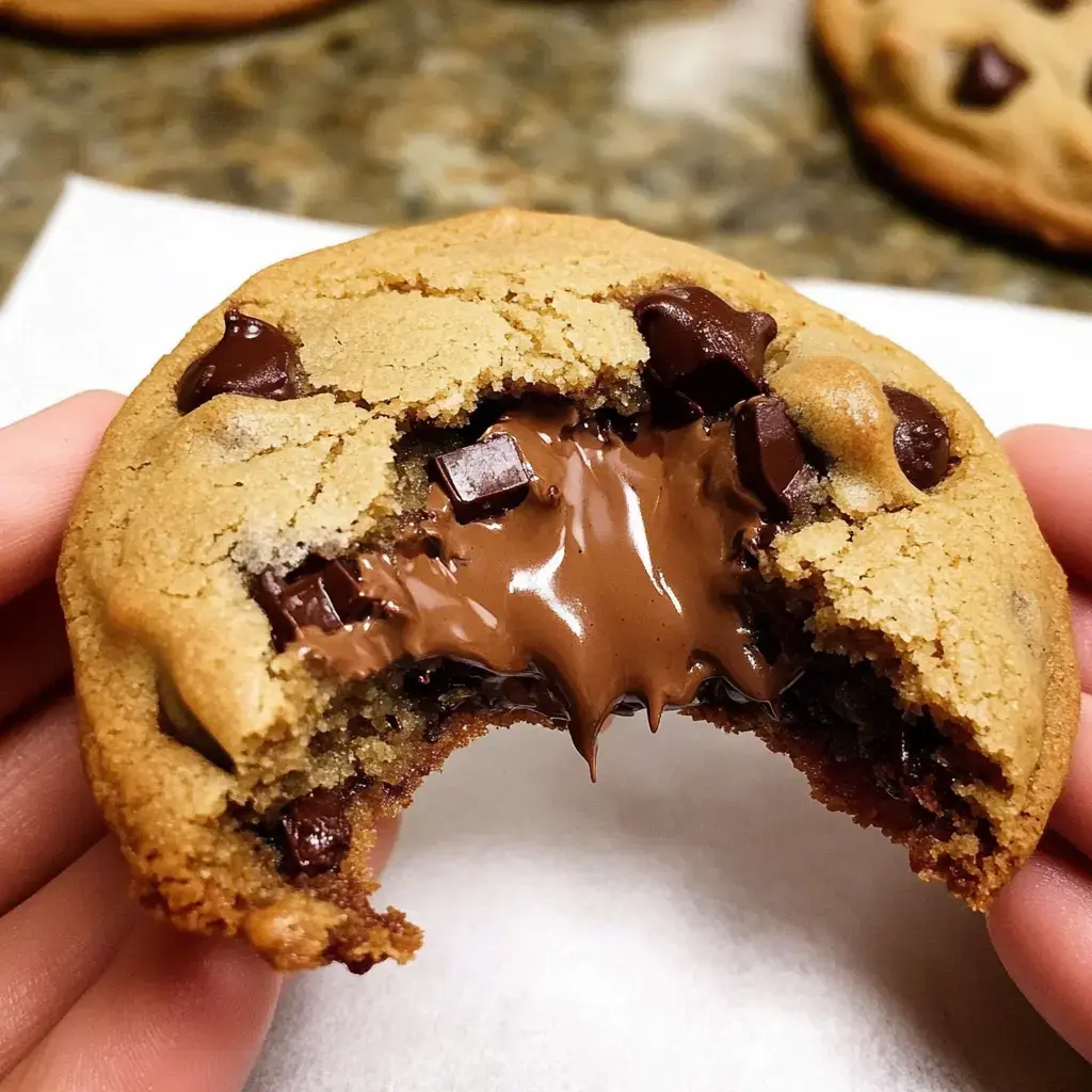 Close-up of hands holding a bitten cookie oozing with melted chocolate filling.
