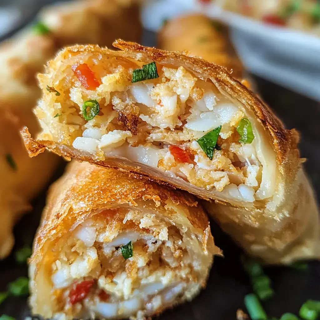 A zoomed-in view of a freshly fried spring roll cut in half, showing its filling of rice, veggies, and fresh herbs.