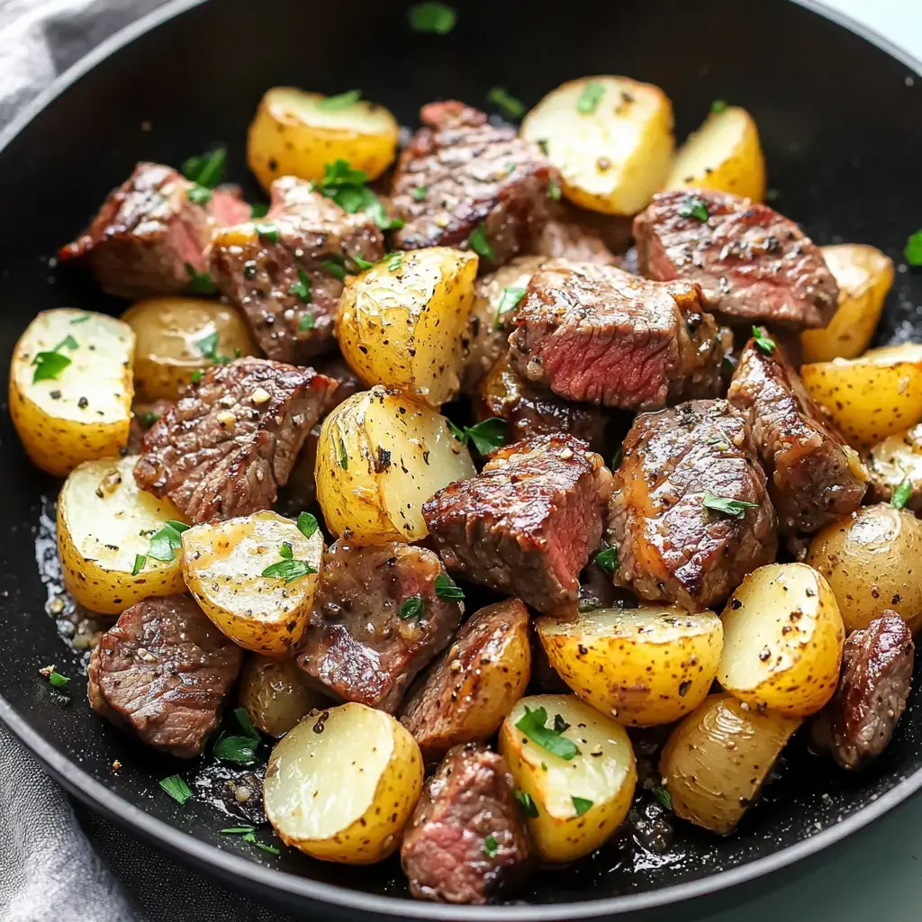 A pan containing juicy browned steak cubes and crispy golden potatoes topped with fresh parsley.