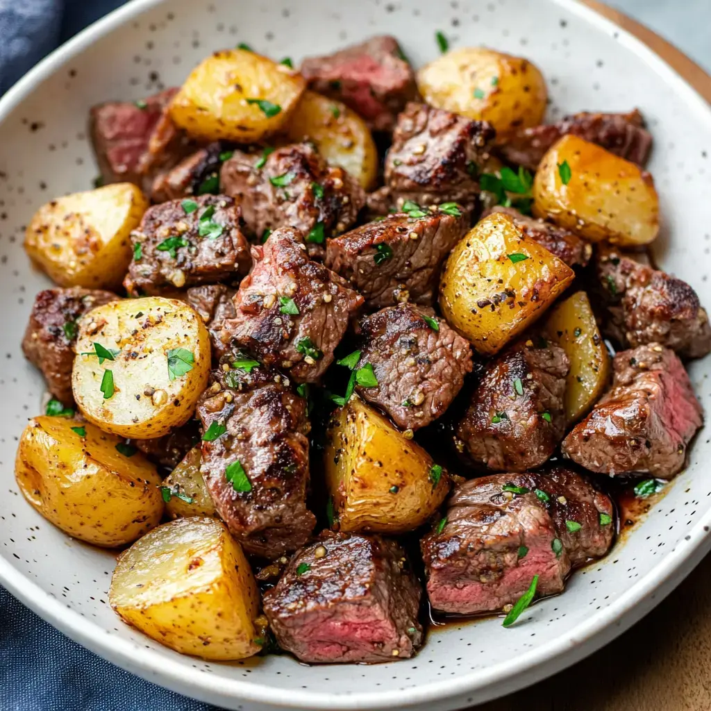 A serving dish with juicy steak cubes and golden roasted baby potatoes sprinkled with fresh chopped parsley.