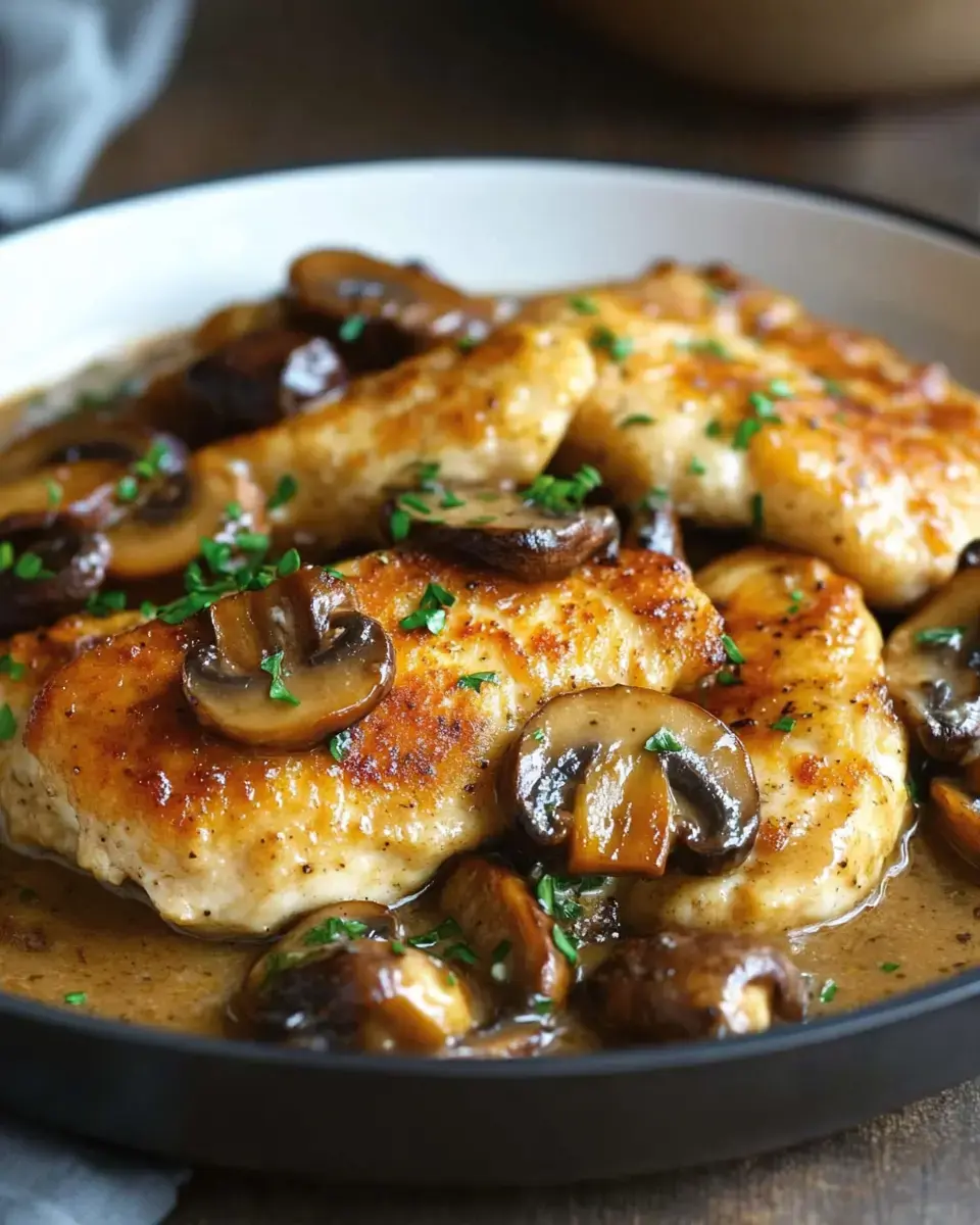 Golden chicken pieces covered with browned mushrooms and fresh parsley in a rich sauce on a plate.