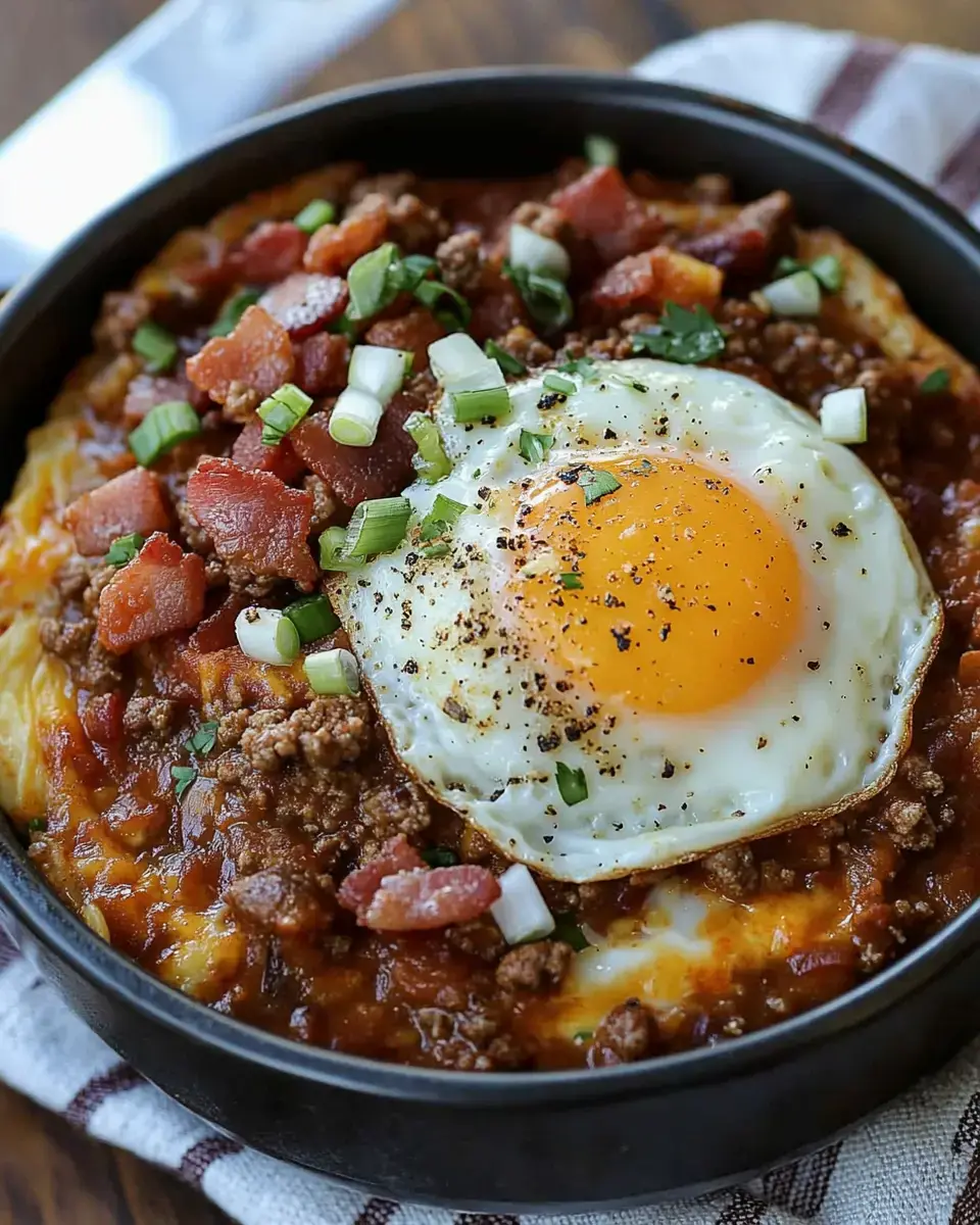 A tasty bowl showing a sunny-side-up egg resting on a mixture of ground meat with crispy bacon bits and sliced green onions in a dark bowl.