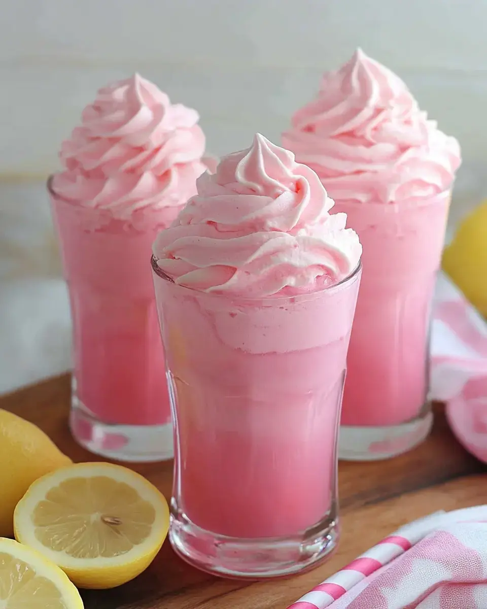 Three glasses containing frothy pink beverages topped with swirls of pink whipped cream, with lemon slices nearby on a wooden table.