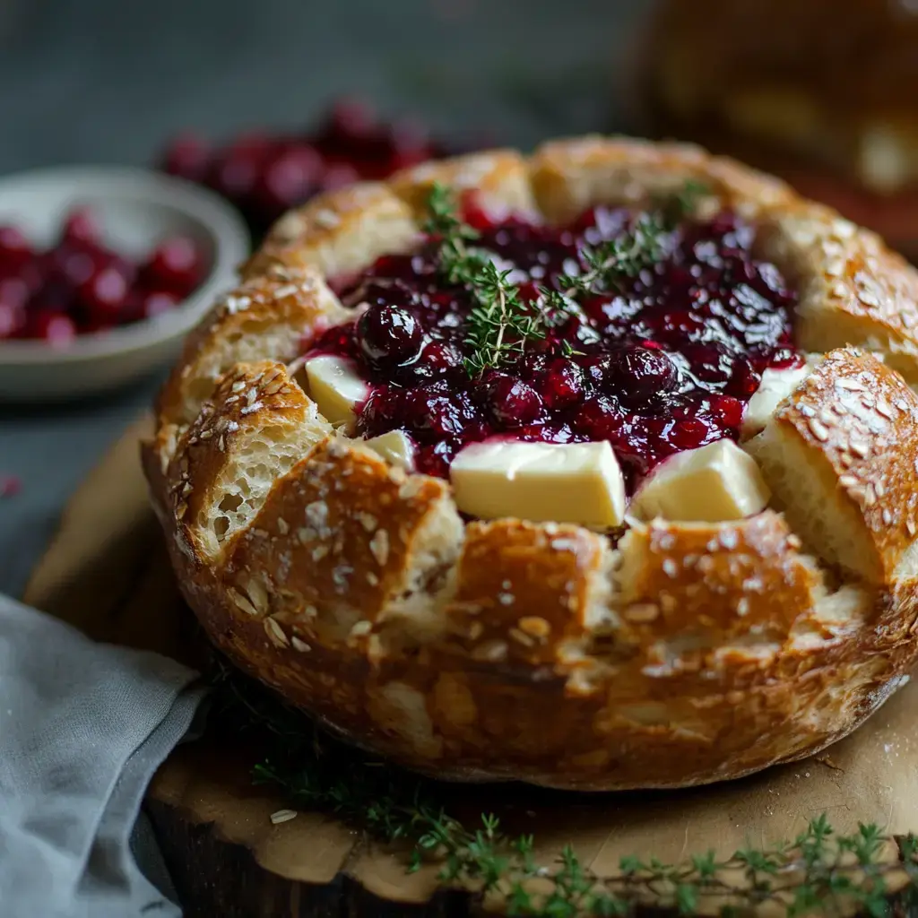 A hollowed bread loaf filled with melty cheese and red cranberry topping, garnished with herbs and surrounded by fresh cranberries.