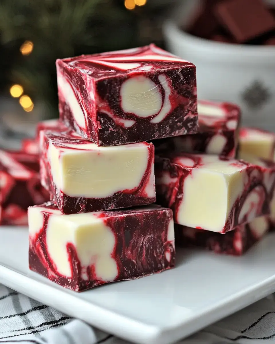 Several chunks of striking red and white marbled fudge pieces arranged on a white serving dish.