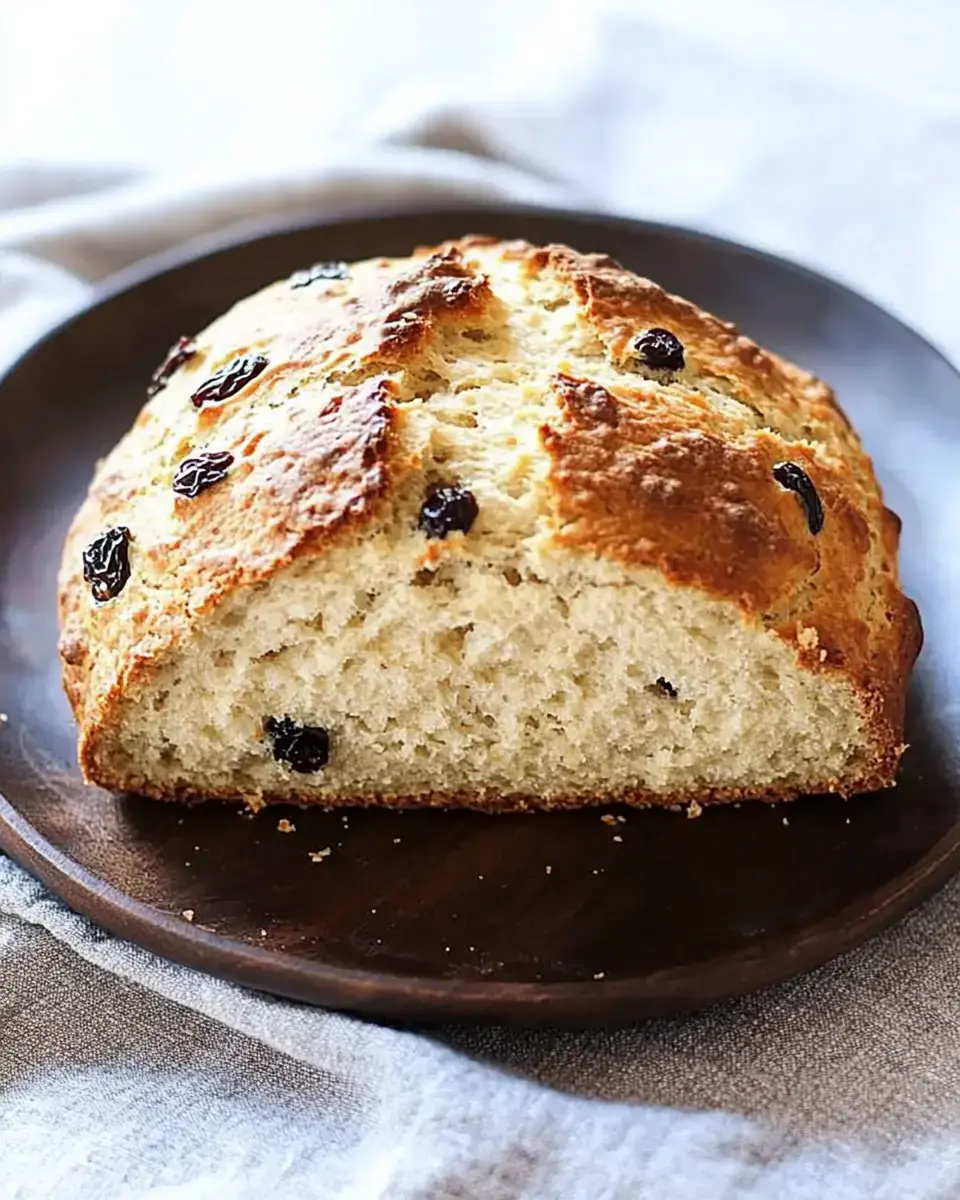 A golden-crusted bread loaf filled with raisins rests on a dark wooden board, showing its soft inside and crispy exterior.