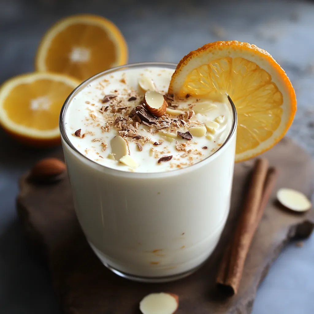 Warm orange almond drink made with white chocolate