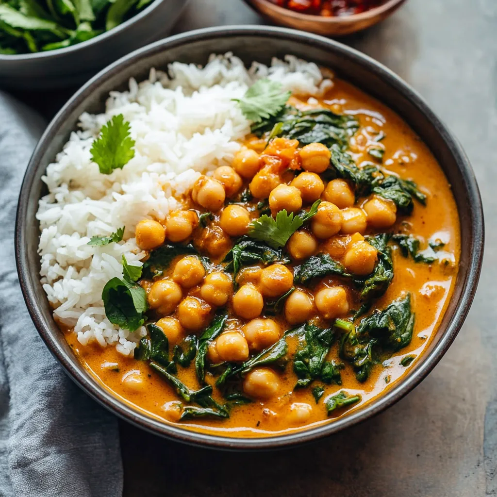 Tasty Chickpea Curry with Spinach and Rice