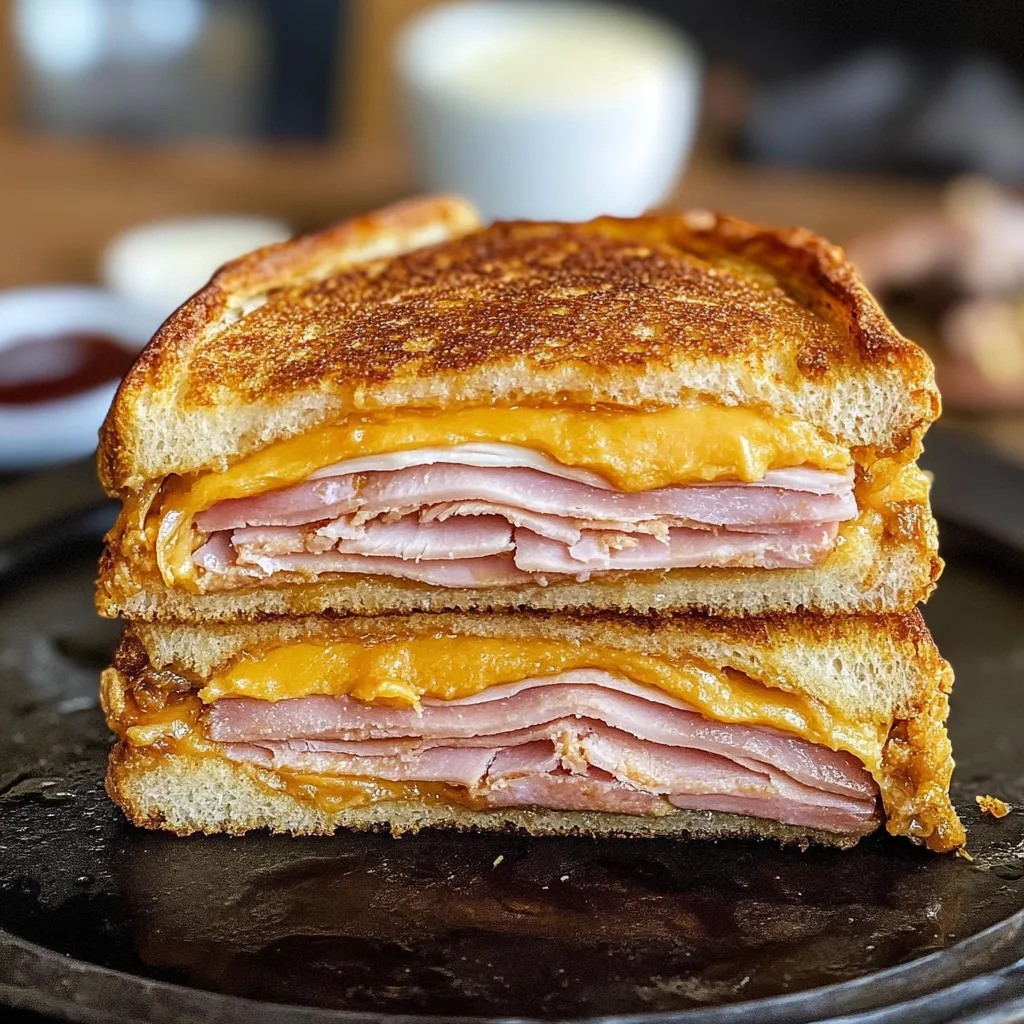 A sandwich with cheese and ham on a black plate.