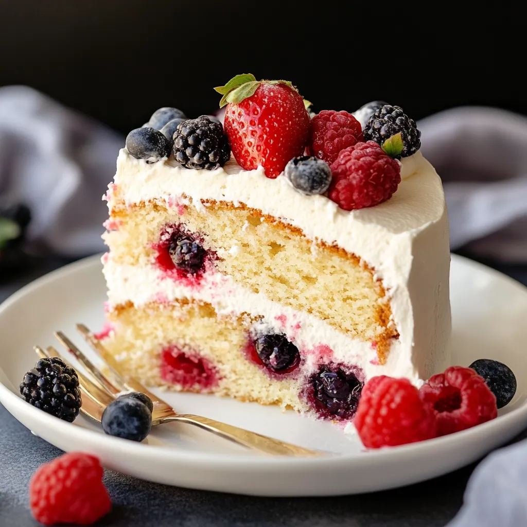 A slice of cake with berries and strawberries on top.