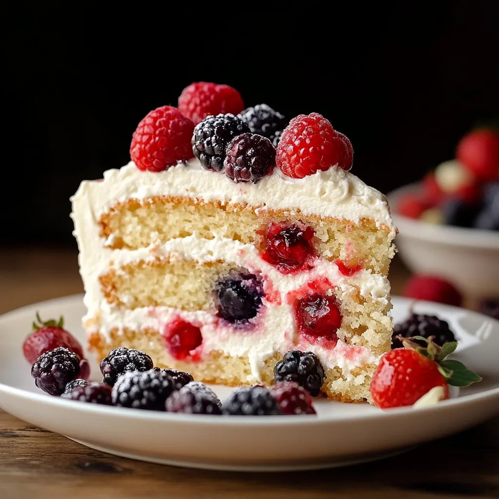 A slice of cake with berries and cream on a plate.