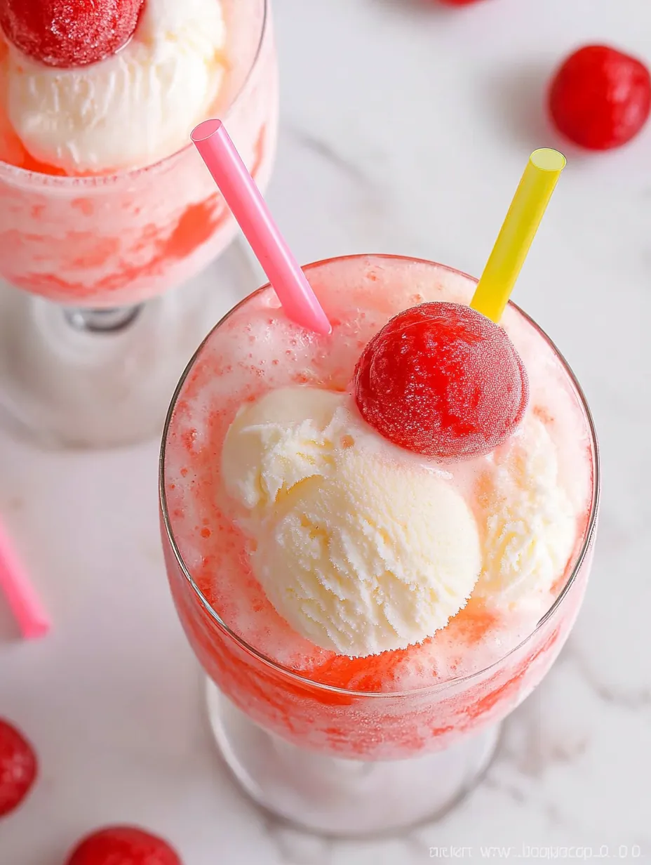 A glass of pink and red frozen drink with a cherry on top.